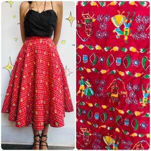 Vintage 1950s Quilted Red Circle Twirl Skirt - Holiday Christmas Party Skirt - S